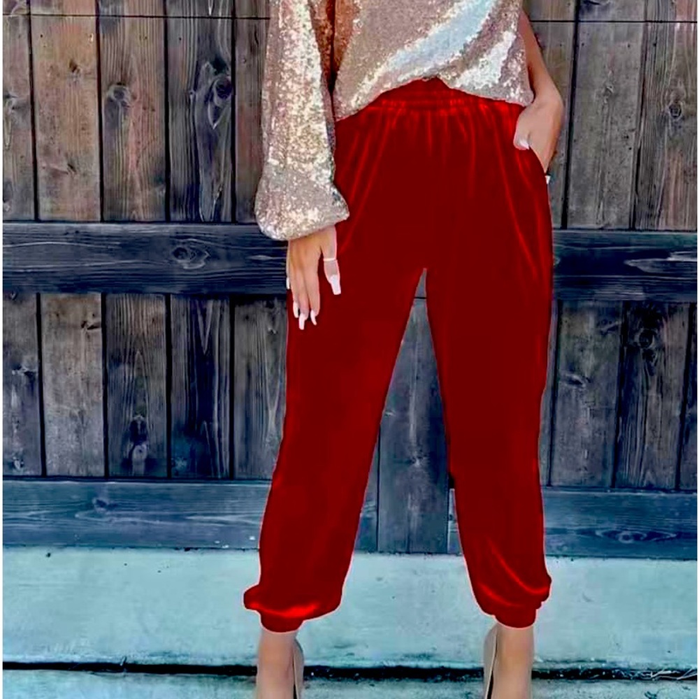RED JOGGERS NWT L velour pants BOTTOMS
